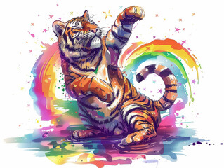 Illustration of a baby tiger sleeping under a colorful rainbow and shining stars, bringing a message of hope and positivity