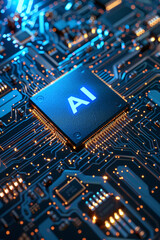 Close-up of a microchip labeled "AI" on a blue and orange circuit board