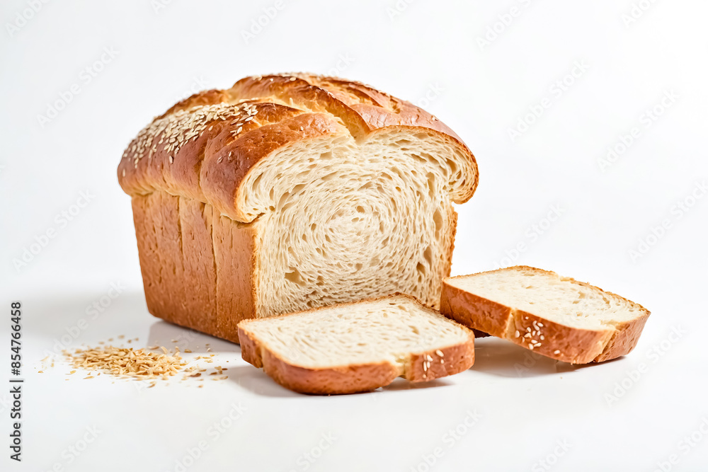 Poster Sliced Sesame Bread Loaf on White Background