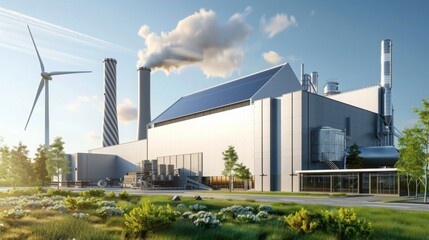 Obraz premium A modern industrial facility with a wind turbine and solar panels on the roof. Smoke is coming from one of the smokestacks.
