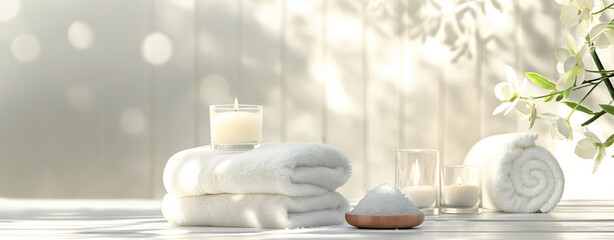 Spa background towel bathroom white luxury concept massage candle bath. Bathroom white wellness spa background towel relax aromatherapy flower accessory zen therapy aroma beauty setting table salt oil