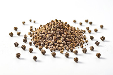 Black peppercorns scattered on white background