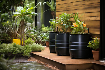 Rainwater Harvesting System in a Garden. Background with selective focus and copy space
