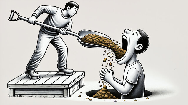 Shove it down your throat idiom representation, pushing unsolicited advice and propaganda - man being force-fed with mud by another using large shovel.