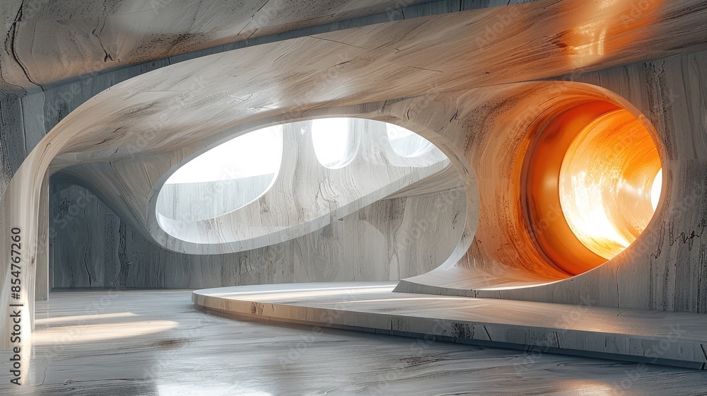 Aufkleber Minimal modern architecture art gallery space with geometric dissected multi layered stone abstract sculpture with orange hole. Generative AI.