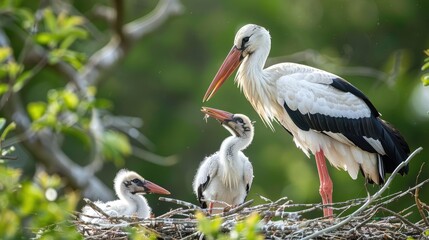 Fototapeta premium Feeding young White Storks in nest