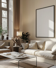 Modern minimalist living room with a white sofa, empty vertical frame on the wall, and large plants providing a touch of nature