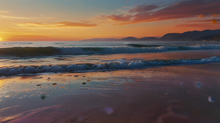Obraz premium a serene beach at sunset with holographic waves washing onto the shore, reflecting the colors of the sky.