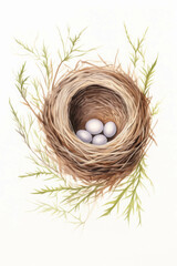Detailed Watercolor of a Bird's Nest with Multiple Eggs and Delicate Green Foliage