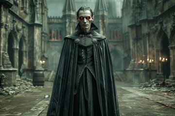 Naklejka premium A sinister vampire lord with glowing red eyes stands in a decrepit, gothic courtyard, exuding an aura of darkness and ancient power.