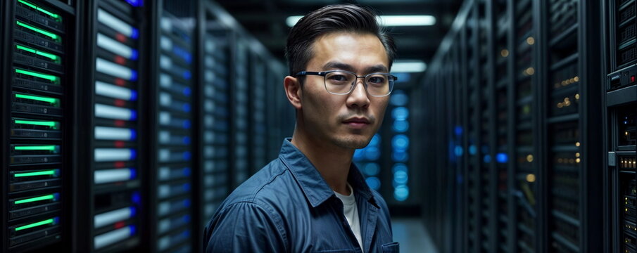 portrait of a serious asian man with glasses in a server room