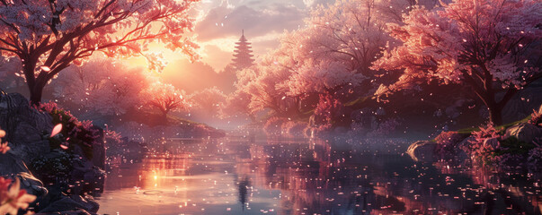 Blossoming cherry trees lining a serene Japanese garden, sakura season, Zen tranquility, cultural elegance.