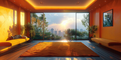 Interior of chillout room in orange color in modern house.
