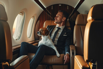 Rich businessman with dog in lap flying on private jet.