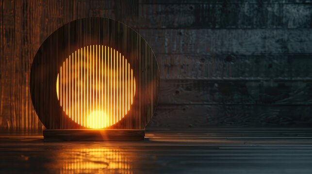 Modern LED lamp illuminating wooden surface with copy space at night creating a magical and mysterious vibe