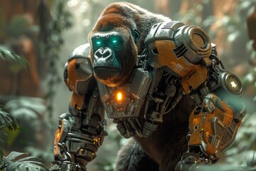 Fototapeta premium A formidable gorilla equipped with advanced cybernetic armor stands in a jungle, blending raw power with high technology.