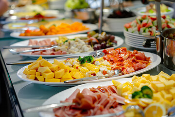 Diverse selection of foods on a plate during the buffet breakfast at the hotel's restaurant.