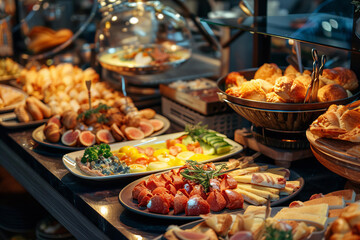 Obraz premium Assortment of dishes served on a plate during the buffet breakfast at the hotel's restaurant.