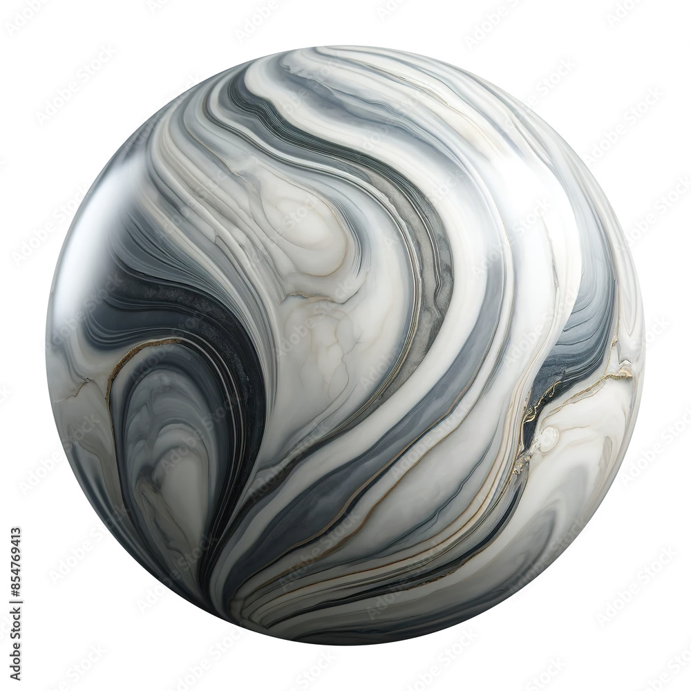Poster marble ball 8 on an isolated transparent background with a pattern in the form of spreading stripes 