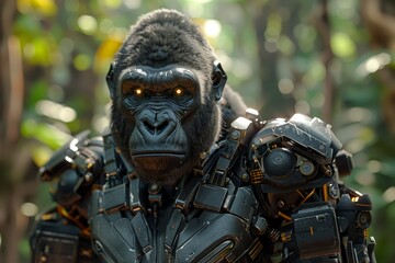 Fototapeta premium A powerful gorilla outfitted in high-tech cybernetic armor stands alert in a dense, sunlit jungle, showcasing a blend of nature and advanced technology.