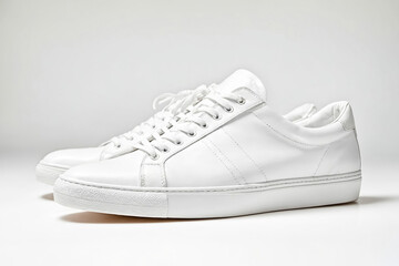 White Leather Sneakers on White Background