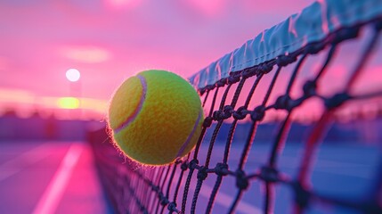 Sunset Tennis: Tennis Ball Caught in Net under Vibrant Pink and Purple Sky