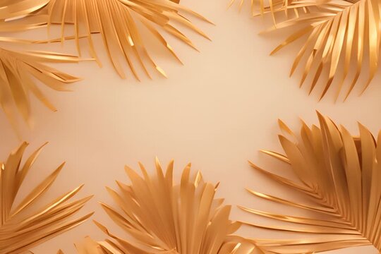 Composition with tropical palm leaves in golden shades on beige background, open top view with copy space. Creative summer background with tropical plants. Golden background relief, minimalistic natur