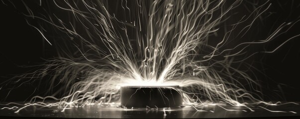 Electric spark explosion from device on dark background, dramatic and energetic black and white image