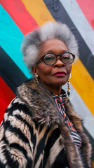 Fashionable African American Grandmother in stylish clothes and glasses against the background of a wall with graffiti. Concept of age and trends. Vertical Banner