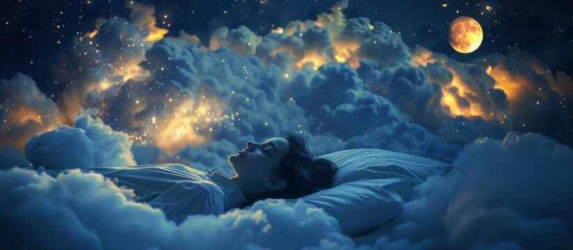 Woman sleeping among clouds with moon and stars in the background. Dream and imagination concept. Banner with copy space