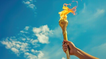 A female hand holds a torch with the olympic flame against a blue sky background. Sport concept	
