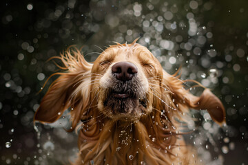Funny wet dog on a black background after bathing. Drops of water fly in all directions.