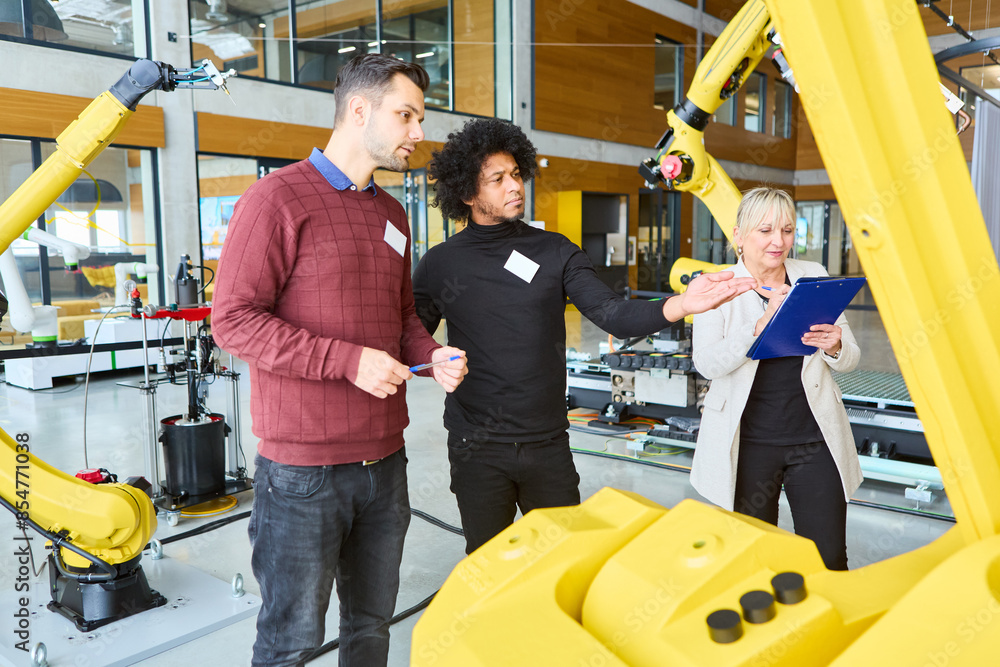 Wall mural engineers discussing programming and training of robotic arms in a modern industrial facility