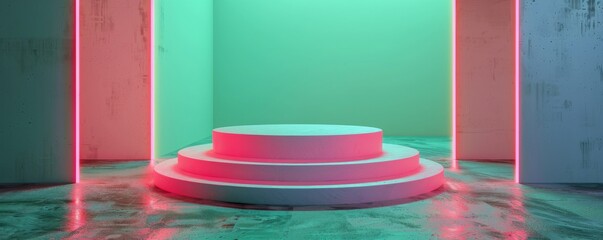 Neon pink podium in a futuristic room with vibrant lights and reflective surfaces