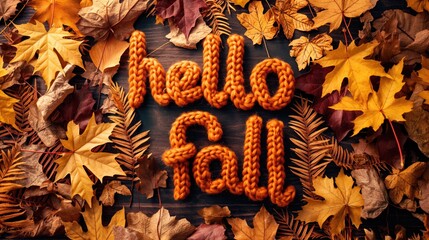 Woolly knitted word hello fall on autumn foliage. Hello autumn concept
