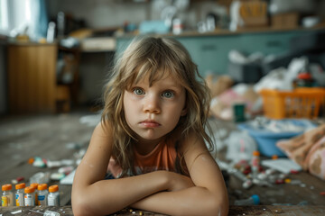 Little girl with sad look looks camera while in dirty apartment. Parents who are drug addicts. Concept of drug addiction, alcoholism and problem families. Deprivation of parental rights