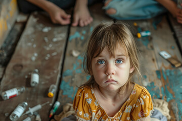 Little girl with sad look looks camera while in dirty apartment. Parents who are drug addicts. Concept of drug addiction, alcoholism and problem families. Deprivation of parental rights
