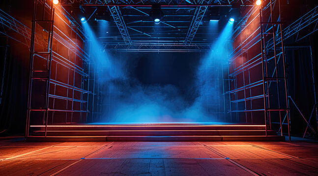 Talk show set dark background with some scaffolding on top and backside seen through hint of light and platform at the front, warm light spot in the front. Generative AI.