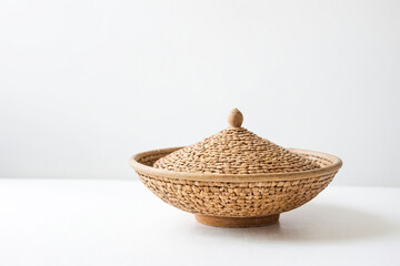 Obraz premium Woven Basket with Lid on White Background