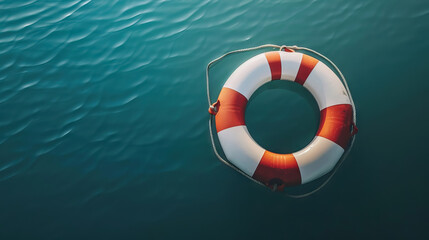 Naklejka premium Lifebuoy Ring floating on sea water with copy space.