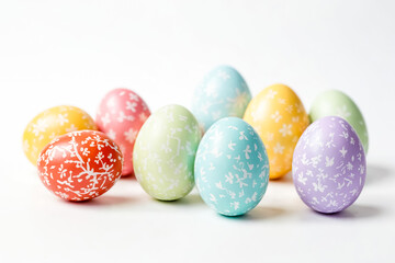 Colorful Easter Eggs with Floral Pattern on White Background