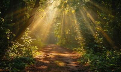 Forest path with sunbeams