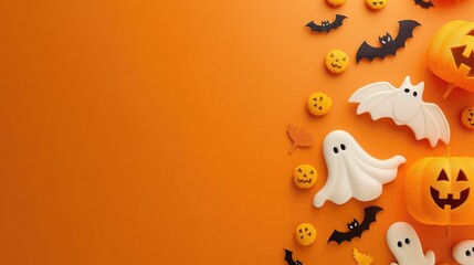 Evil pumpkins on solid orange background with bats and ghosts top view copy space. Halloween celebration concept. Halloween background