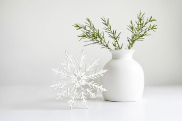 White Paper Snowflake and Green Plant in a White Vase on a White Background