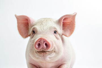 Fototapeta premium Close Up of Piglet with Pink Nose and Big Ears on White Background