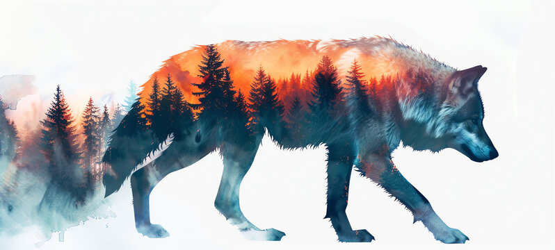 Watercolor wolf illustration, close up, focus on, vibrant colors, double exposure silhouette with forest background.