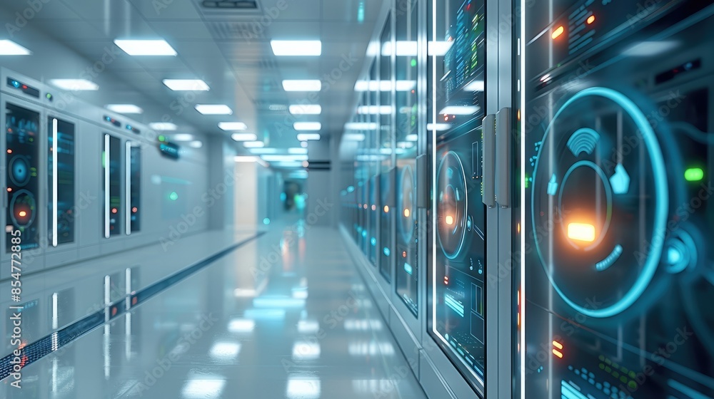 Fototapete A network of interconnected IoT devices monitoring and regulating the temperature and humidity in a bank data center. Generative AI.