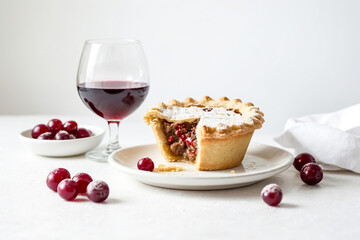 Close-up of a single-serving cherry pie with red wine