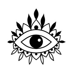 Eye boho. Lineart Vector illustration. Flower moon , Magic celestial witchcraft symbol. Masonic symbol. Hand drawn logo or emblem