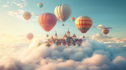 Obraz premium Whimsical Hot Air Balloons Soar Over Enchanted Floating Cloud Island City
